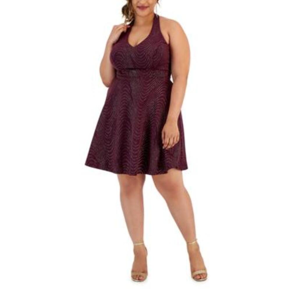 CITY STUDIO Women's Sparkling Mini Halter Dress 14W Plum Purple Gold NWT